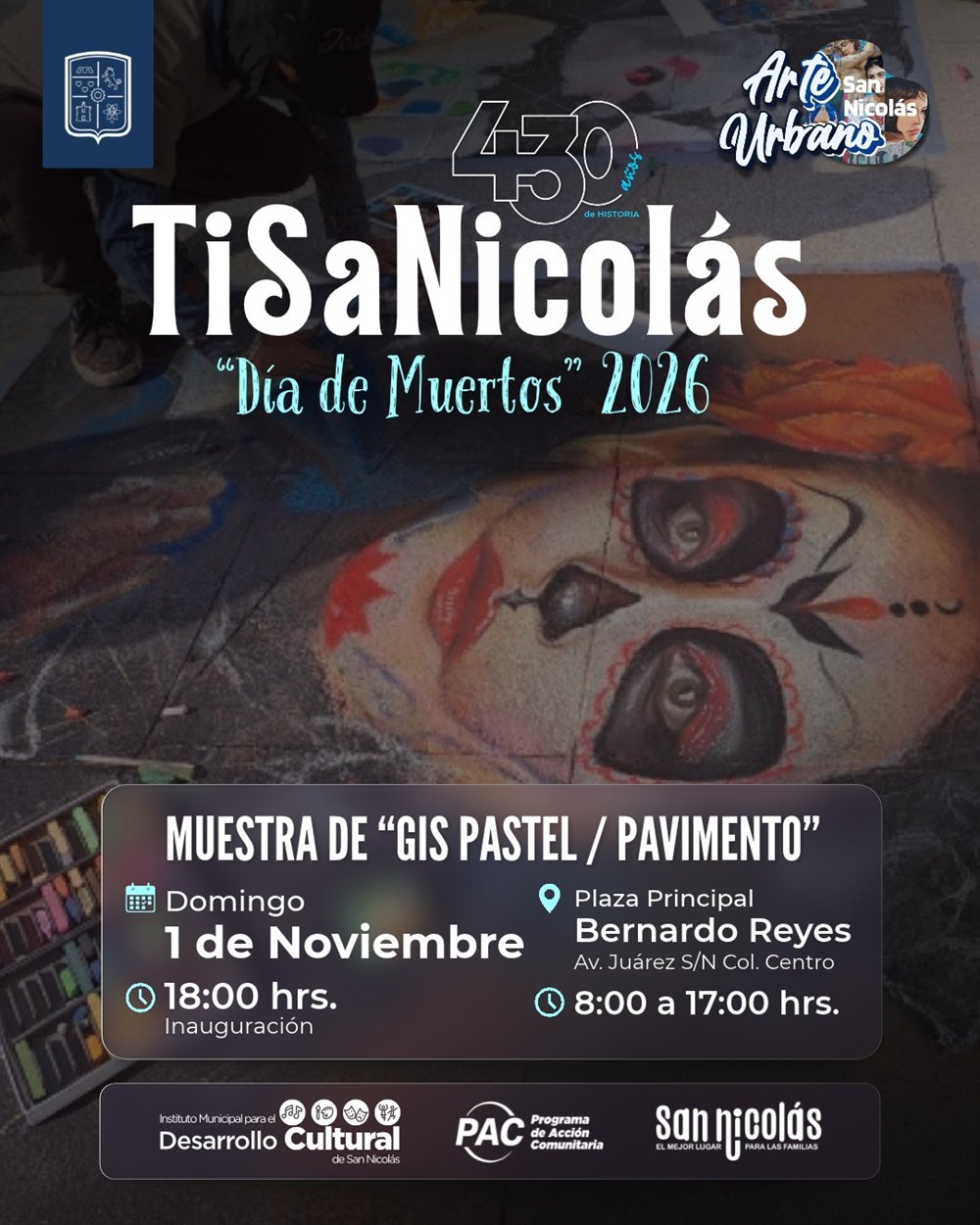 TiSaNicolás: muestra de gis pastel sobre pavimento — cartel o imagen del evento